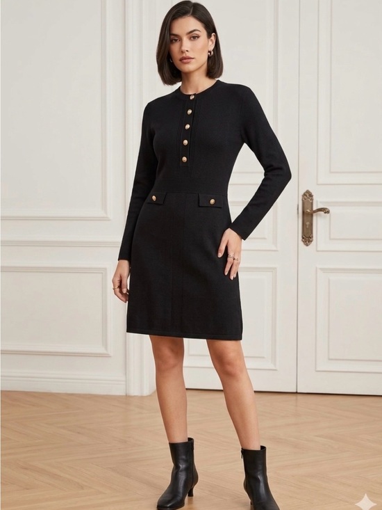 White House Black Market Dresses & Skirts - Black Long-Sleeve Knit Button-Front Dress medium
